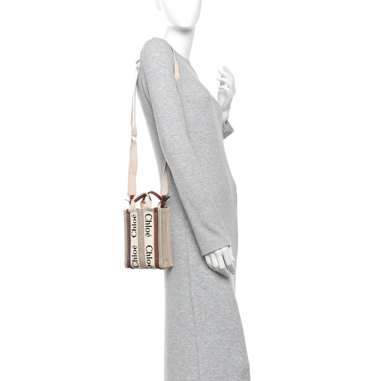 Chloe Cotton Calfskin Mini Woody North South Ribbon Tote White Brown 2 of 12