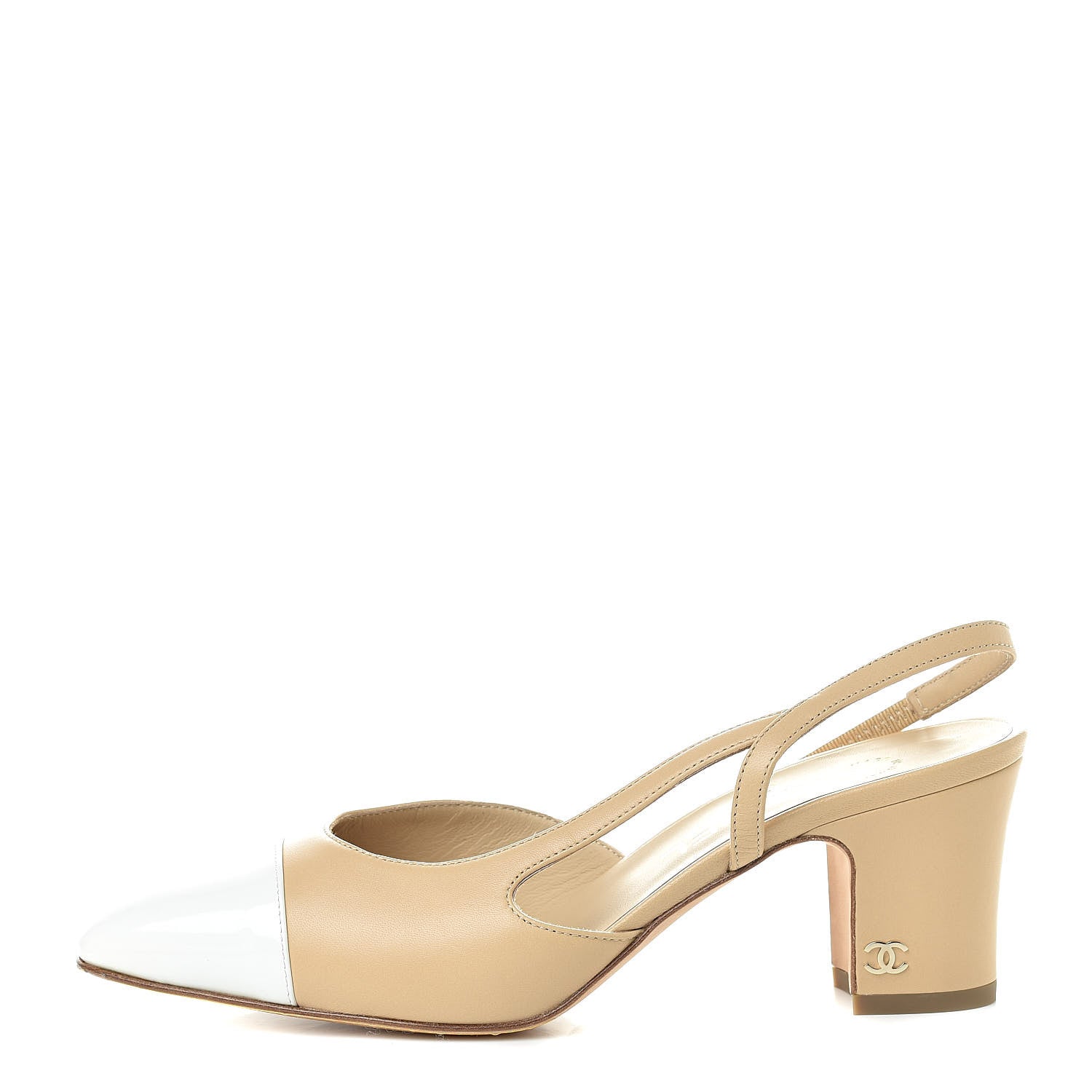 Chanel Lambskin Patent Cap Toe CC Slingback Sandals 37 Beige White 1 of 10
