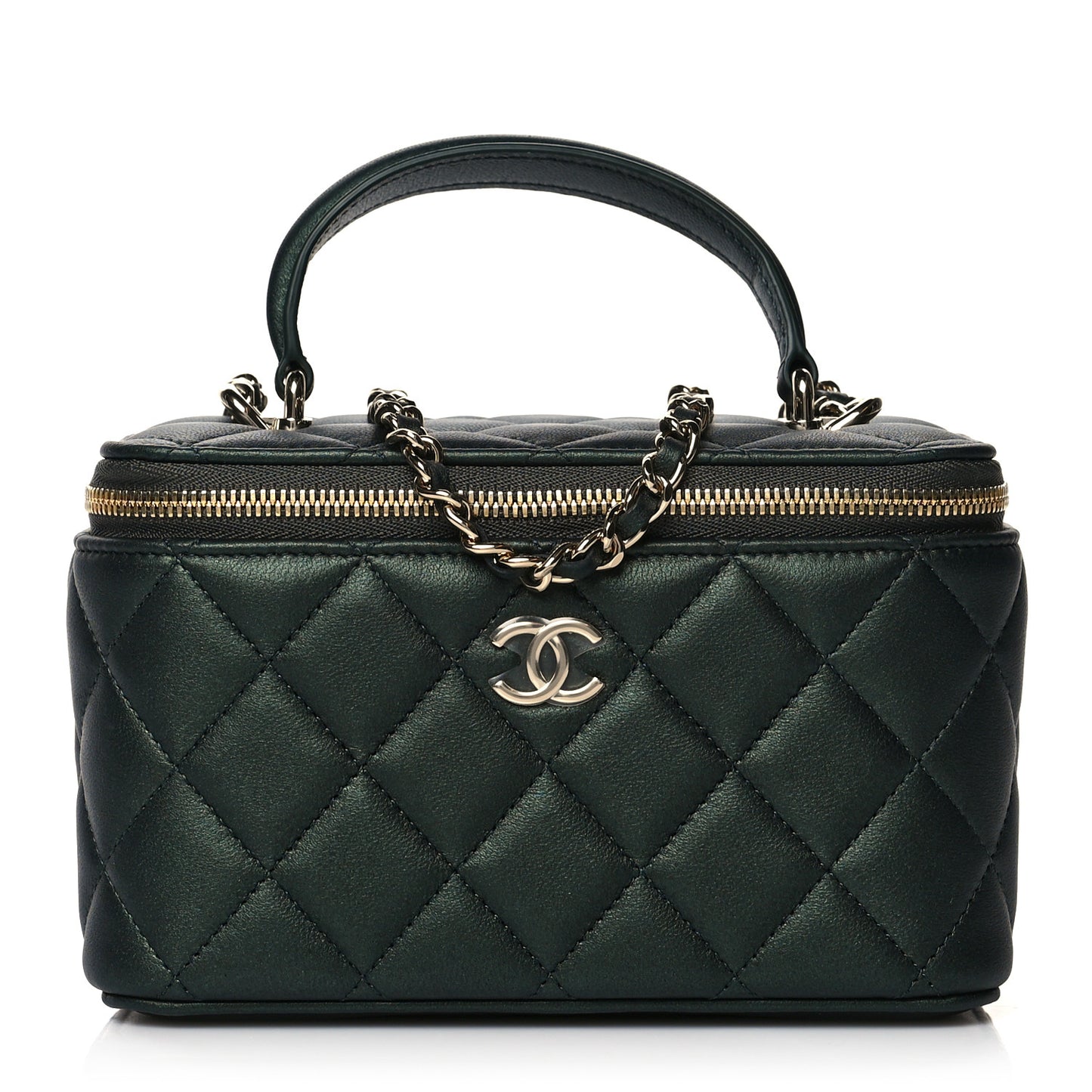 Iridescent Lambskin Quilted Small Top Handle Vanity Case With Chain Dark Green