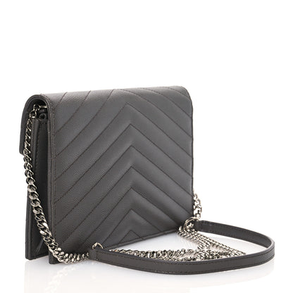 Saint Laurent Grain De Poudre Matelasse Chevron Monogram Envelope Chain Wallet Coal 3 of 17