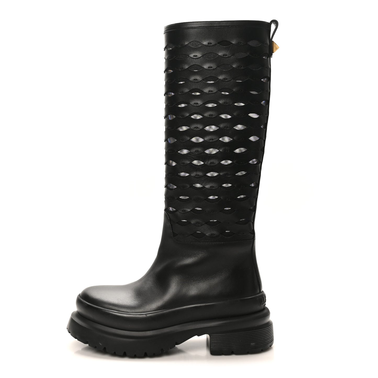 Calfskin Mesh Roman Stud Laser Cut Knee High Boots 37 Black