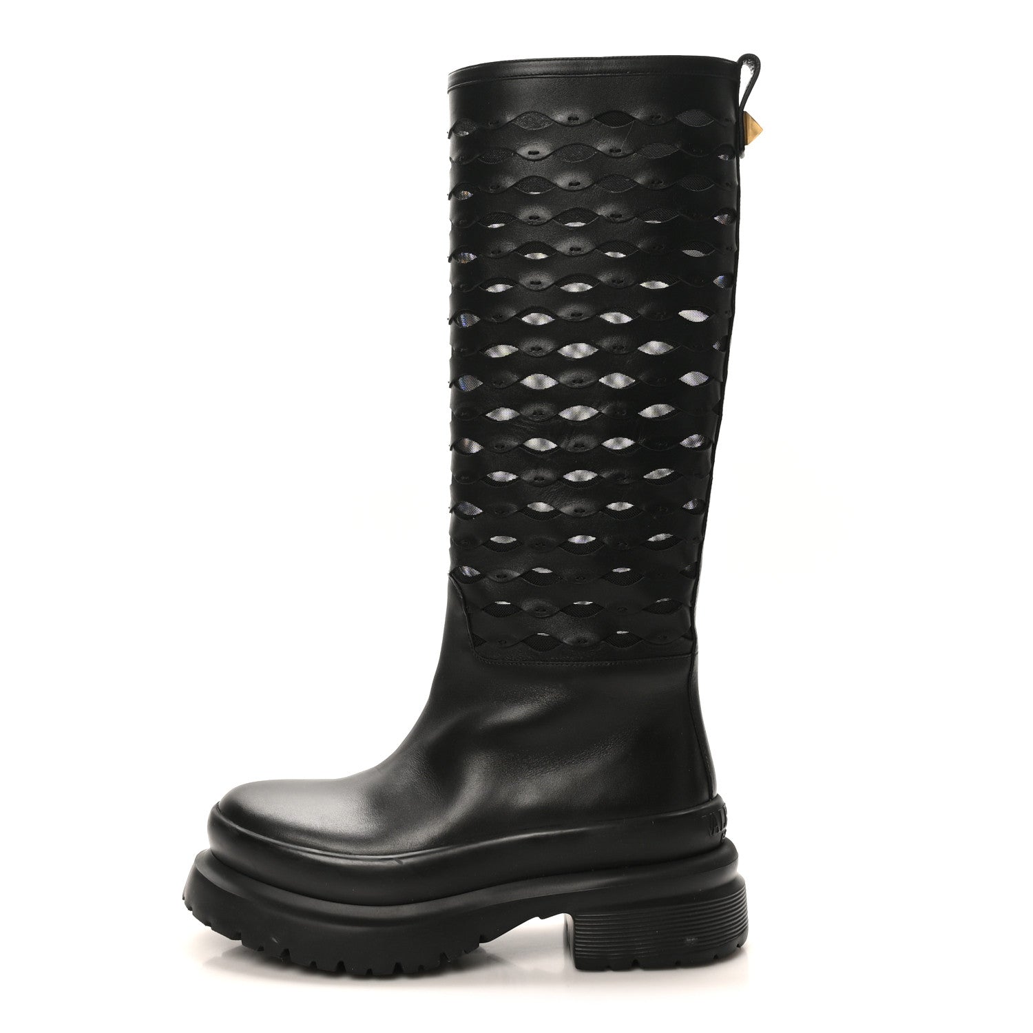 Valentino Garavani Calfskin Mesh Roman Stud Laser Cut Knee High Boots 37 Black 1 of 11