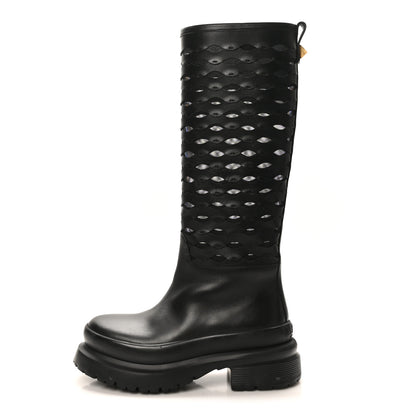 Valentino Garavani Calfskin Mesh Roman Stud Laser Cut Knee High Boots 37 Black 1 of 11