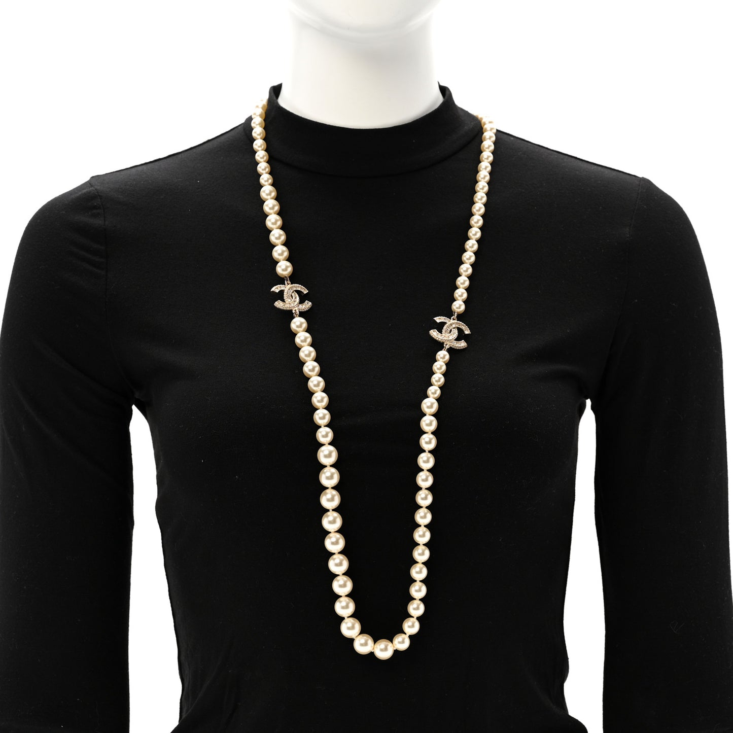 Pearl Baguette Crystal Long CC Necklace Gold