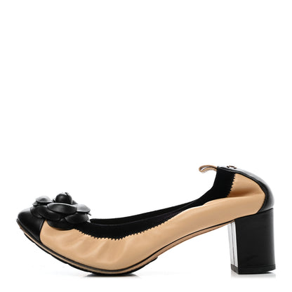 Chanel Lambskin Camellia CC Elastic Stretch Pumps 37 Beige Black 1 of 7