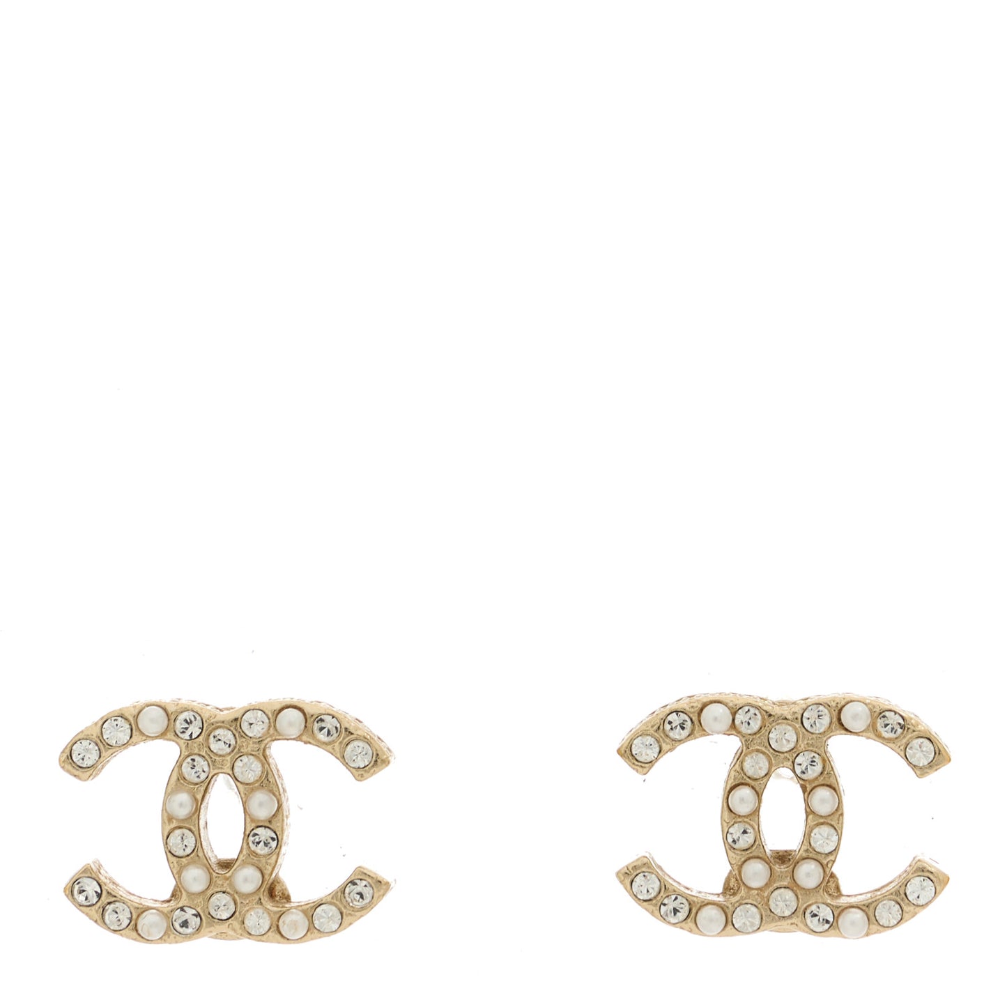Pearl Crystal CC Charms Stud Earrings Light Gold