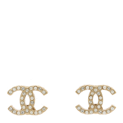 Chanel Pearl Crystal CC Charms Stud Earrings Light Gold 1 of 4