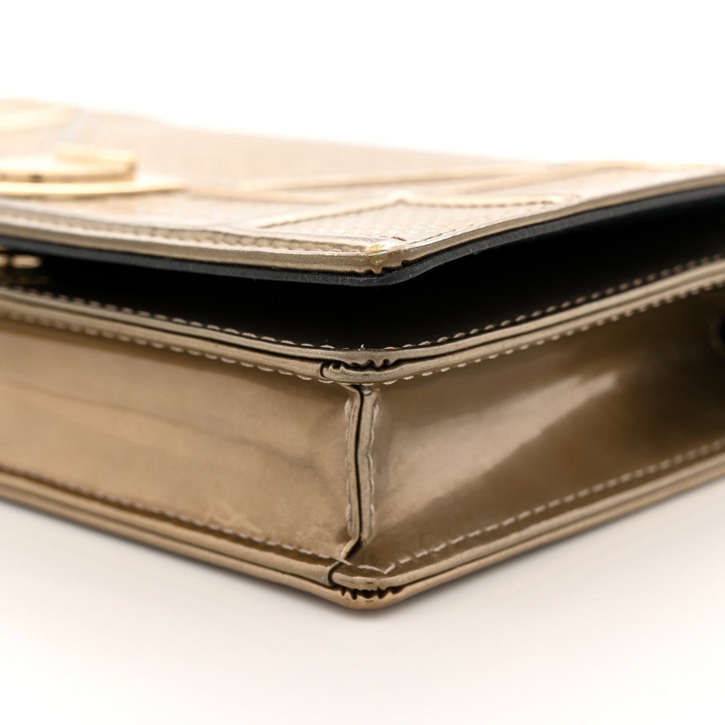 Metallic Patent Micro-Cannage Diorama Wallet on Chain Pouch Gold