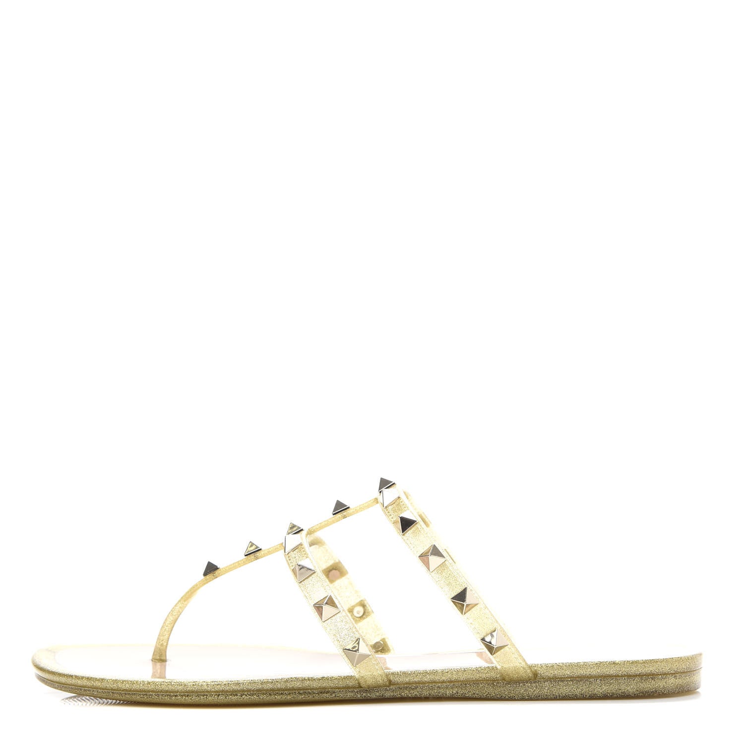 Valentino Garavani PVC Jelly Glitter Rockstud Caged Flat Thong Sandals 39 Oro 1 of 8