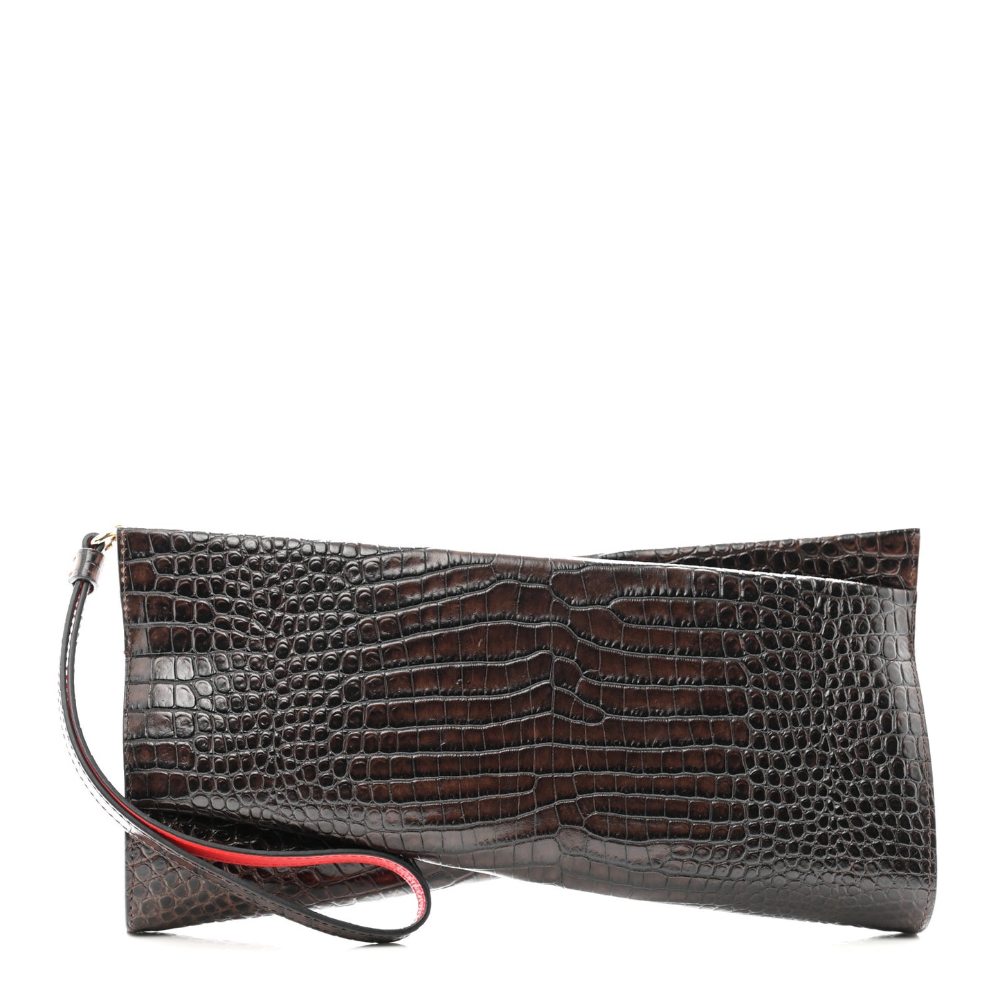 Crocodile Embossed Calfskin Loubi Twist Zip Clutch Bag Brown