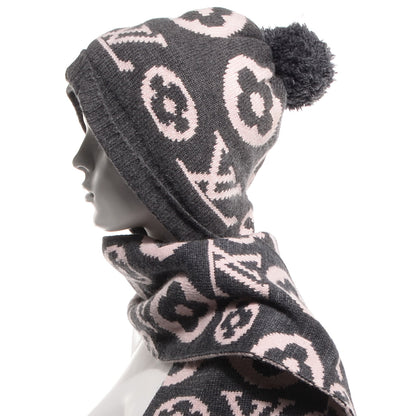 Louis Vuitton Monogram Knit Wool Hooded Scarf Pink Grey 3 of 4