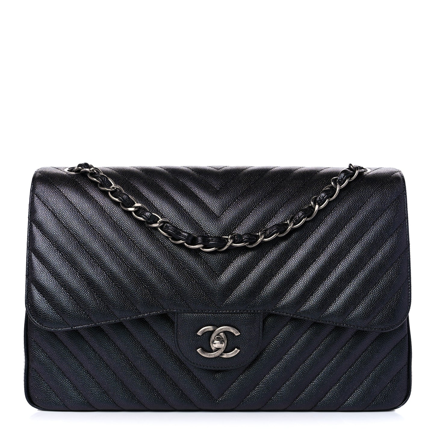Iridescent Caviar Chevron Quilted Jumbo Double Flap Black