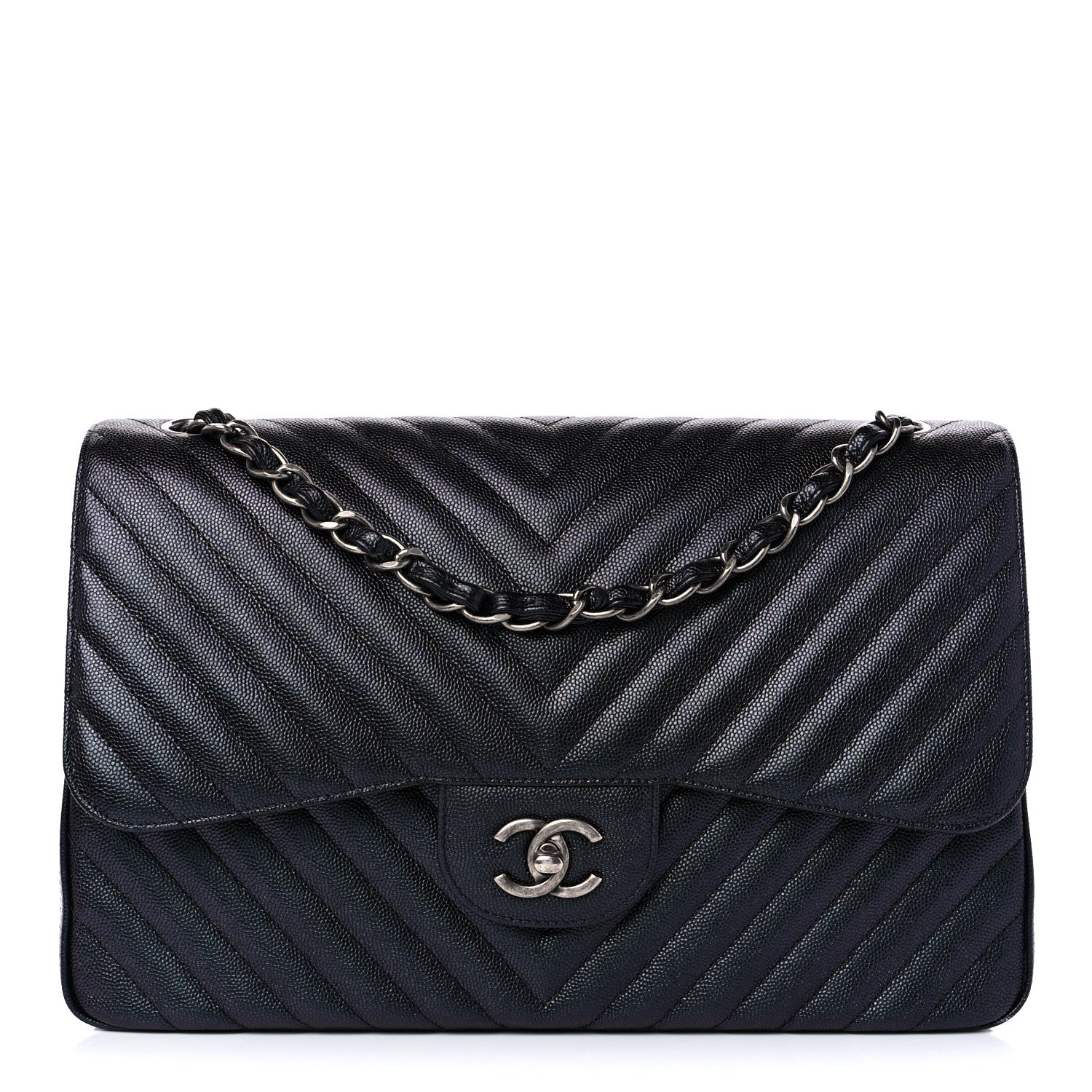 Chanel Iridescent Caviar Chevron Quilted Jumbo Double Flap Black 1 of 9