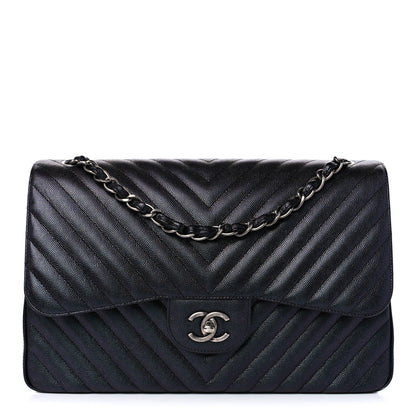 Chanel Iridescent Caviar Chevron Quilted Jumbo Double Flap Black 1 of 9