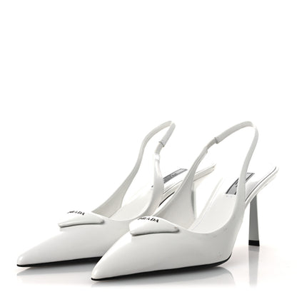 Prada Spazzolato Triangle Logo Pointed Toe 75mm Slingback Pumps 38 White 4 of 13