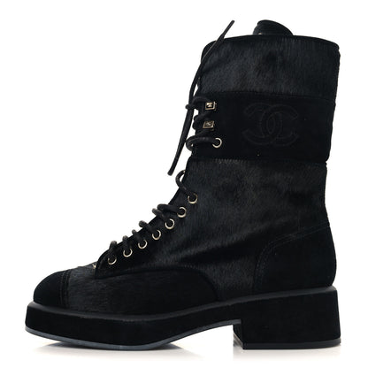 Chanel Suede Pony Hair Shearling Lace Up Combat Boots 39.5 Black White 1 of 8