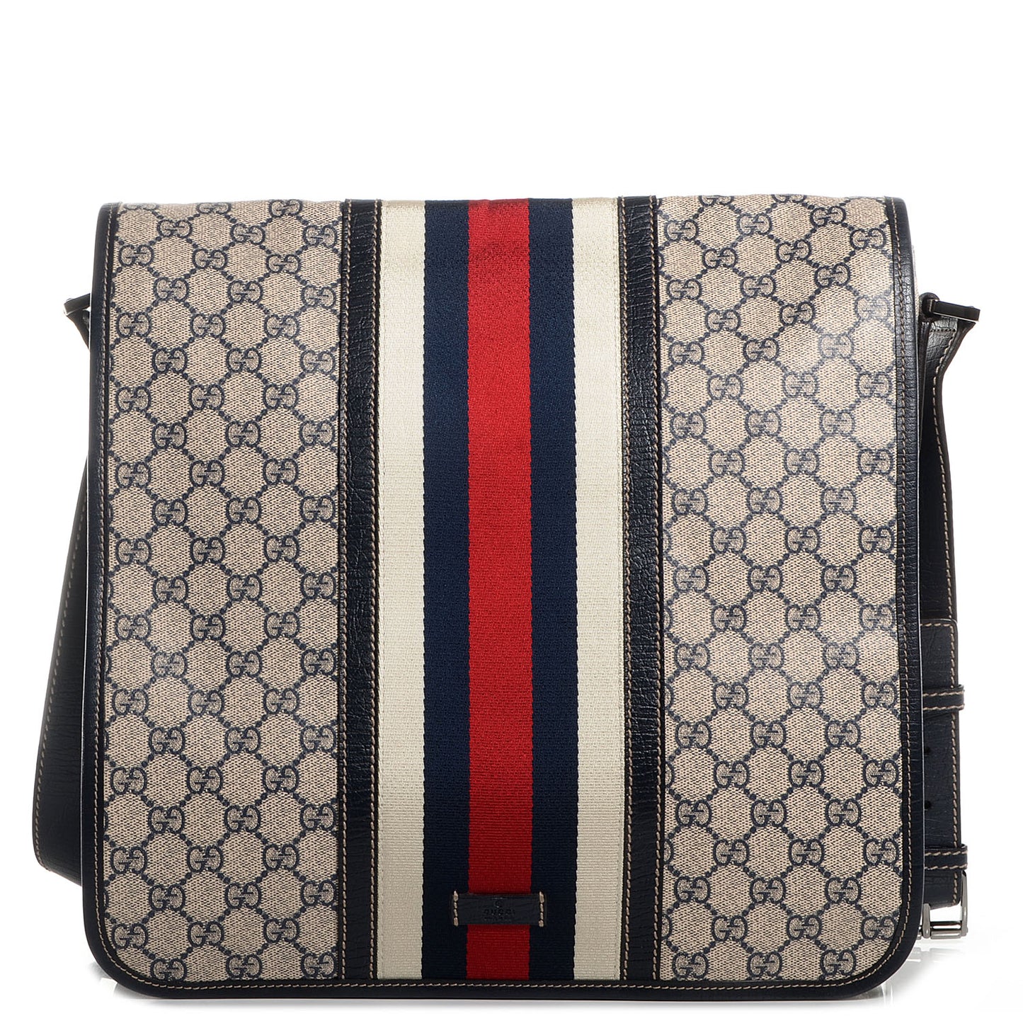 GG Plus Monogram Vintage Web Large Flap Messenger Bag Beige Navy Blue