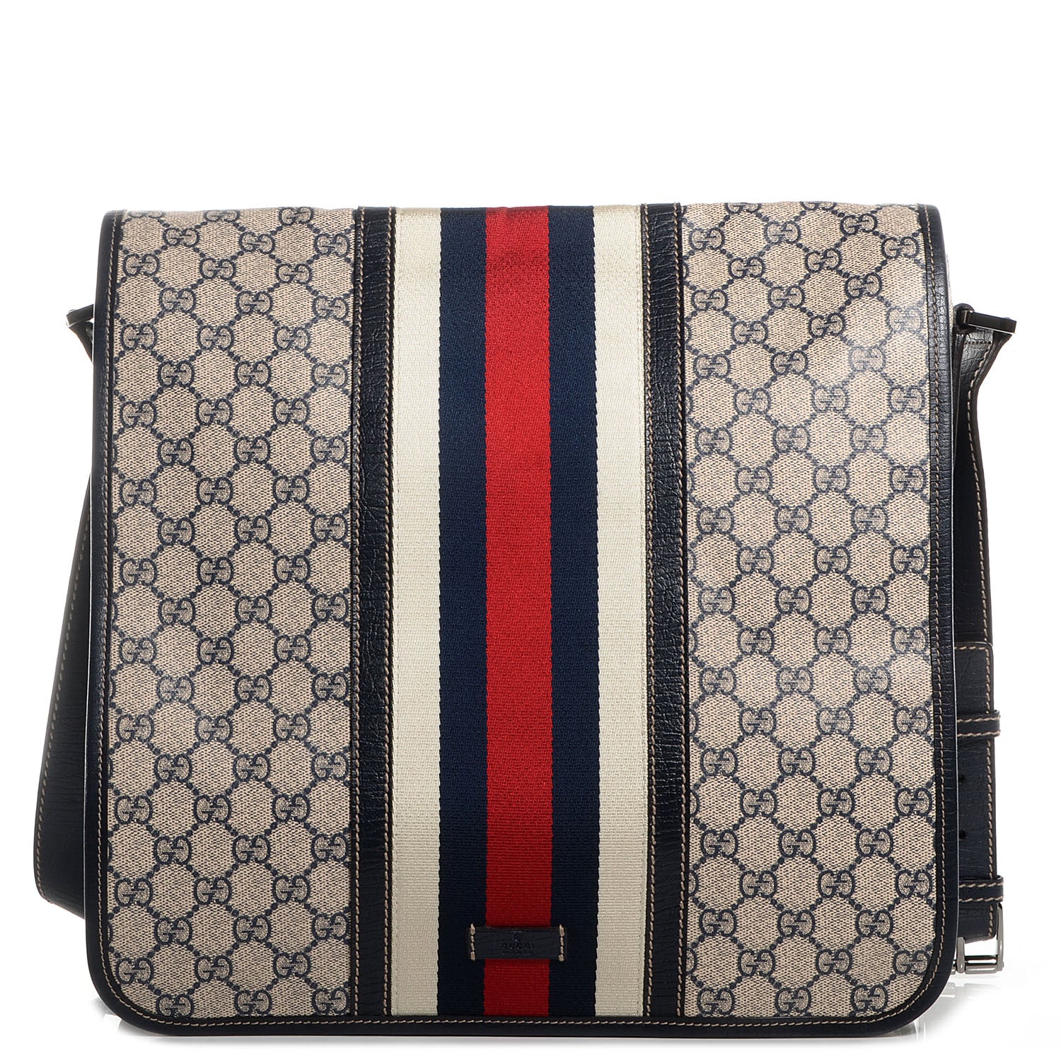 Gucci GG Plus Monogram Vintage Web Large Flap Messenger Bag Beige Navy Blue 1 of 7