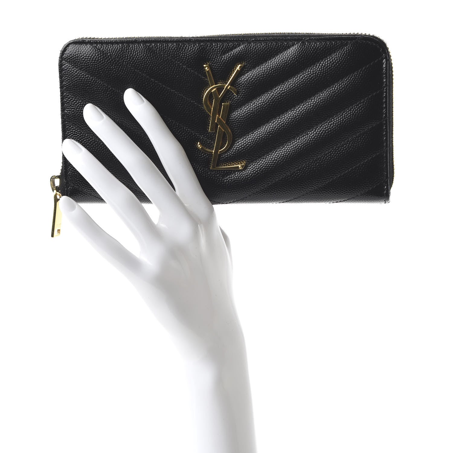 Saint Laurent Grain De Poudre Matelasse Chevron Monogram Zip Around Wallet Black 2 of 10