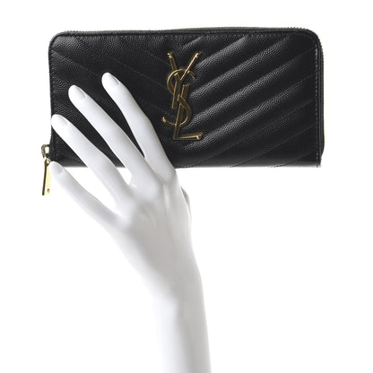 Saint Laurent Grain De Poudre Matelasse Chevron Monogram Zip Around Wallet Black 2 of 10