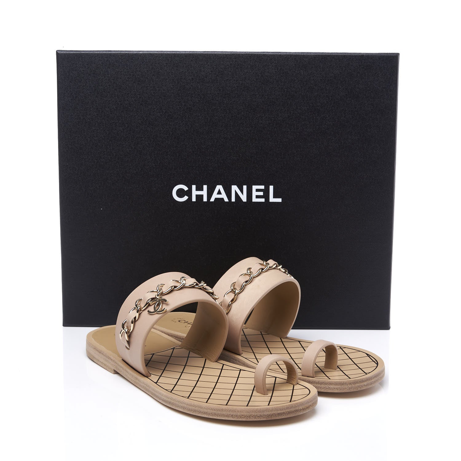 Chanel Calfskin Chain CC Logo Toe Ring Sandals 37 Beige 13 of 13