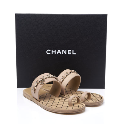 Chanel Calfskin Chain CC Logo Toe Ring Sandals 37 Beige 13 of 13