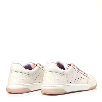 Chanel Grained Calfskin Fabric Womens Logo Sneakers 37.5 White Light Pink 4 of 7