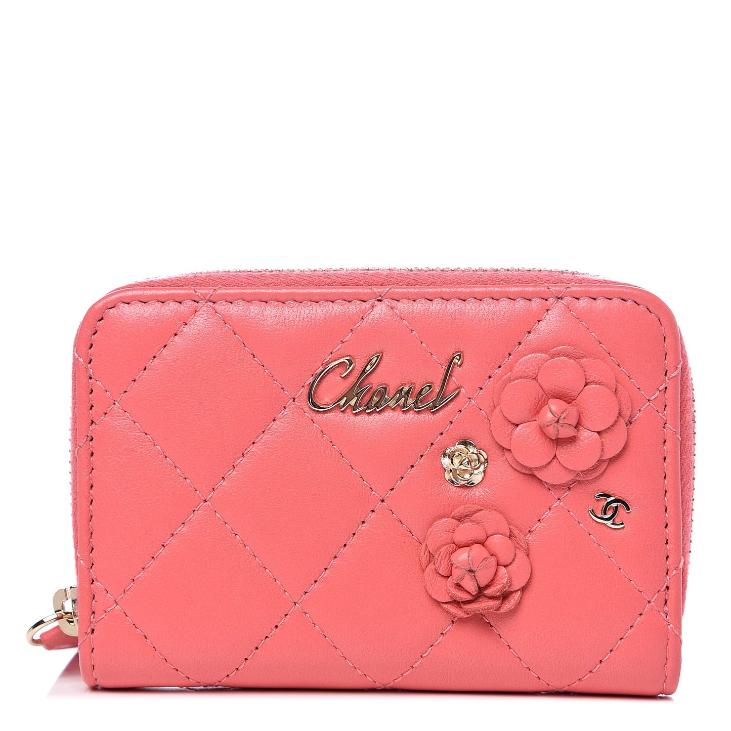 Lambskin Quilted Camellia Zip Coin Purse Pink