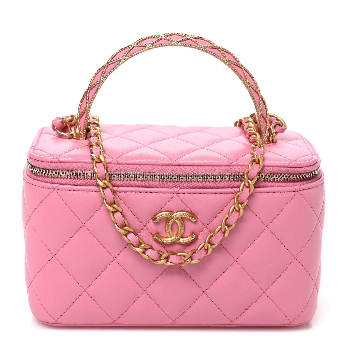Lambskin Quilted Metal Twist Small Top Handle Vanity Case With Chain Pink