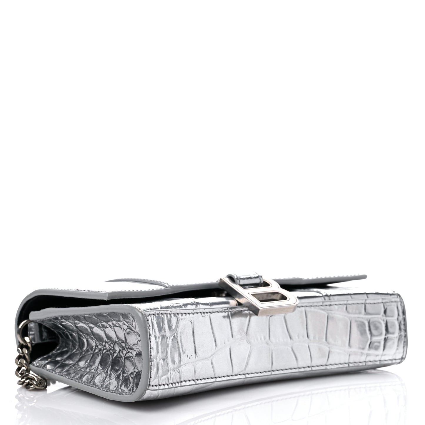 Metallic Calfskin Crocodile Embossed Hourglass Chain Bag Silver