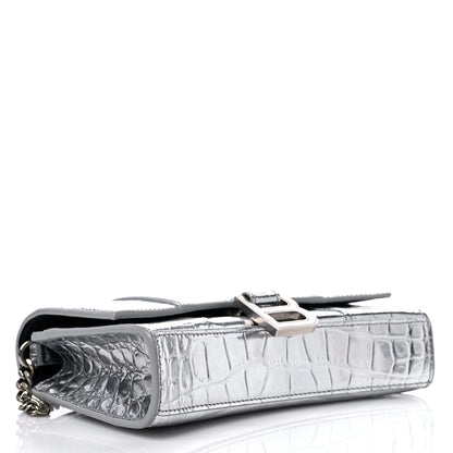 Balenciaga Metallic Calfskin Crocodile Embossed Hourglass Chain Bag Silver 4 of 12