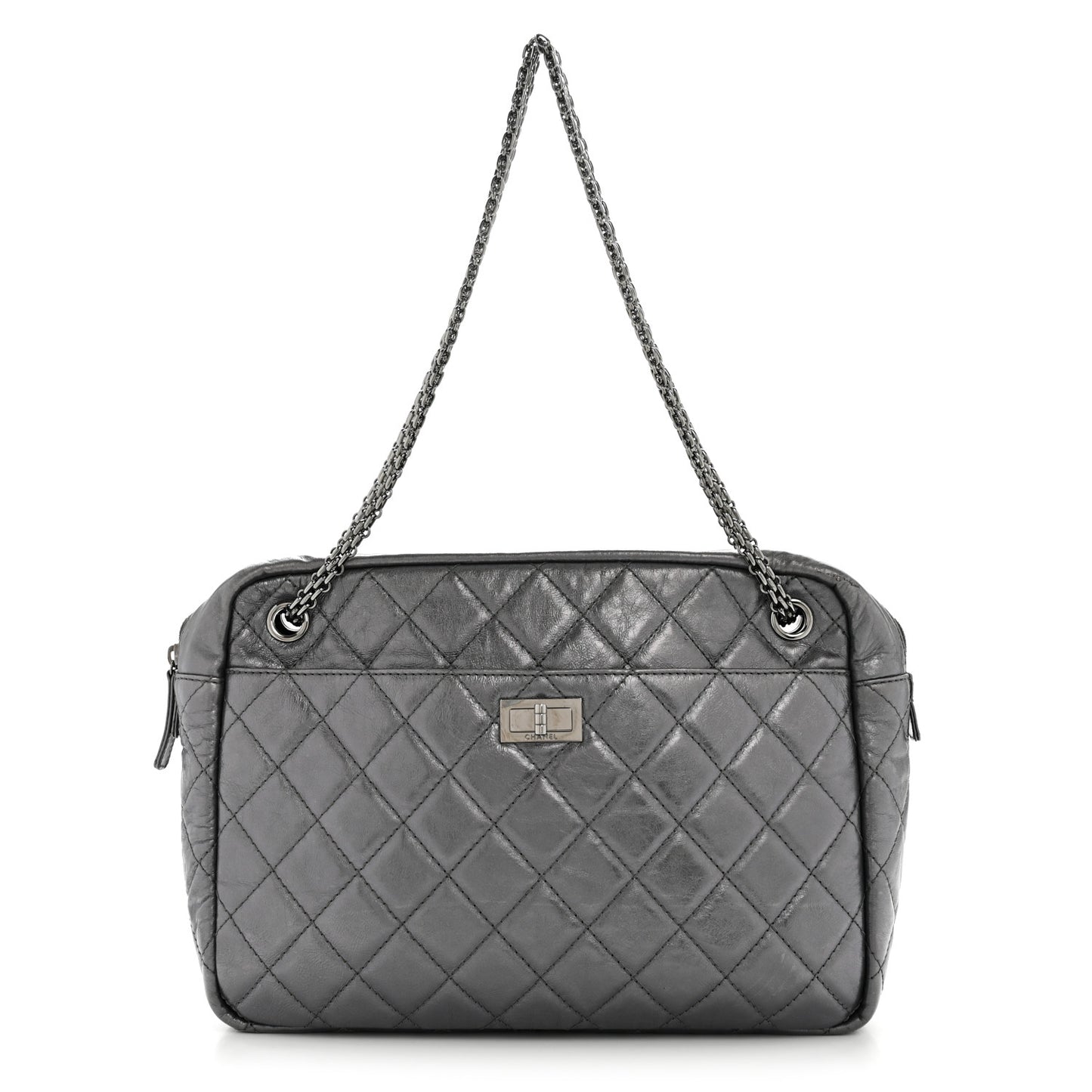 Metallic Aged Calfskin Quilted Large Reissue Camera Case Silver