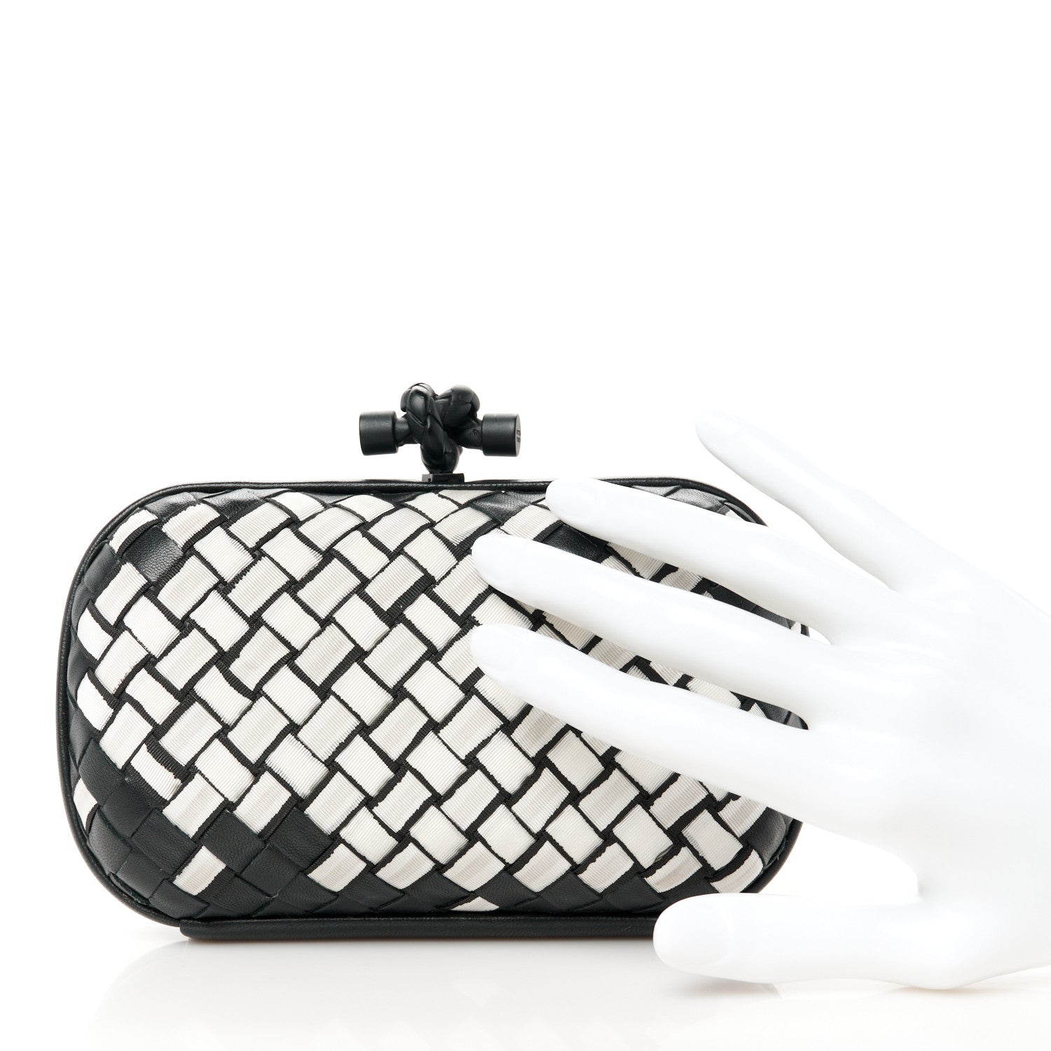 Bottega Veneta Nylon Nappa Intrecciato Knot Clutch Black White 2 of 7