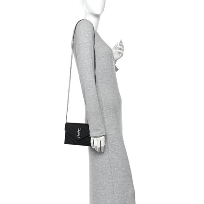 Saint Laurent Grain De Poudre Matelasse Chevron Monogram Envelope Chain Wallet Black 2 of 10