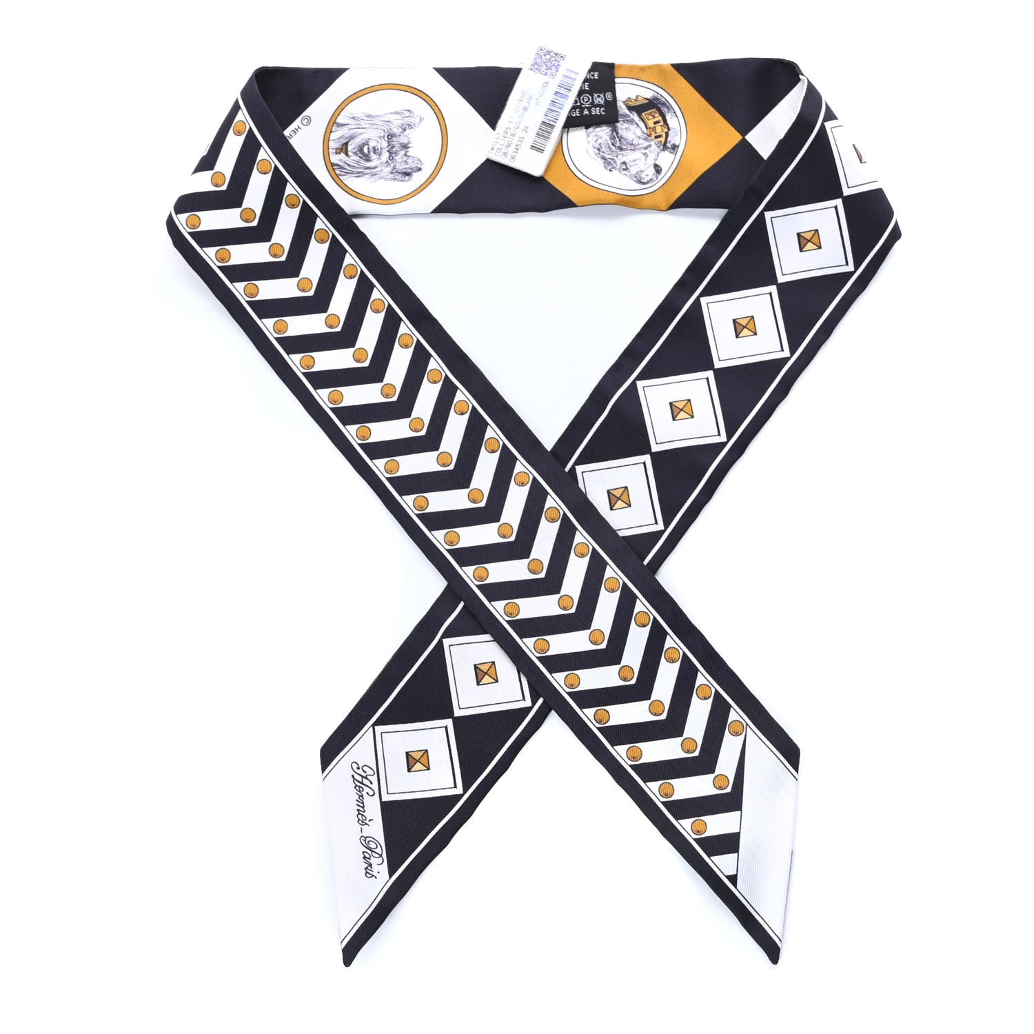 Hermes Silk Colliers Et Chiens Twilly Black Gold White 1 of 5