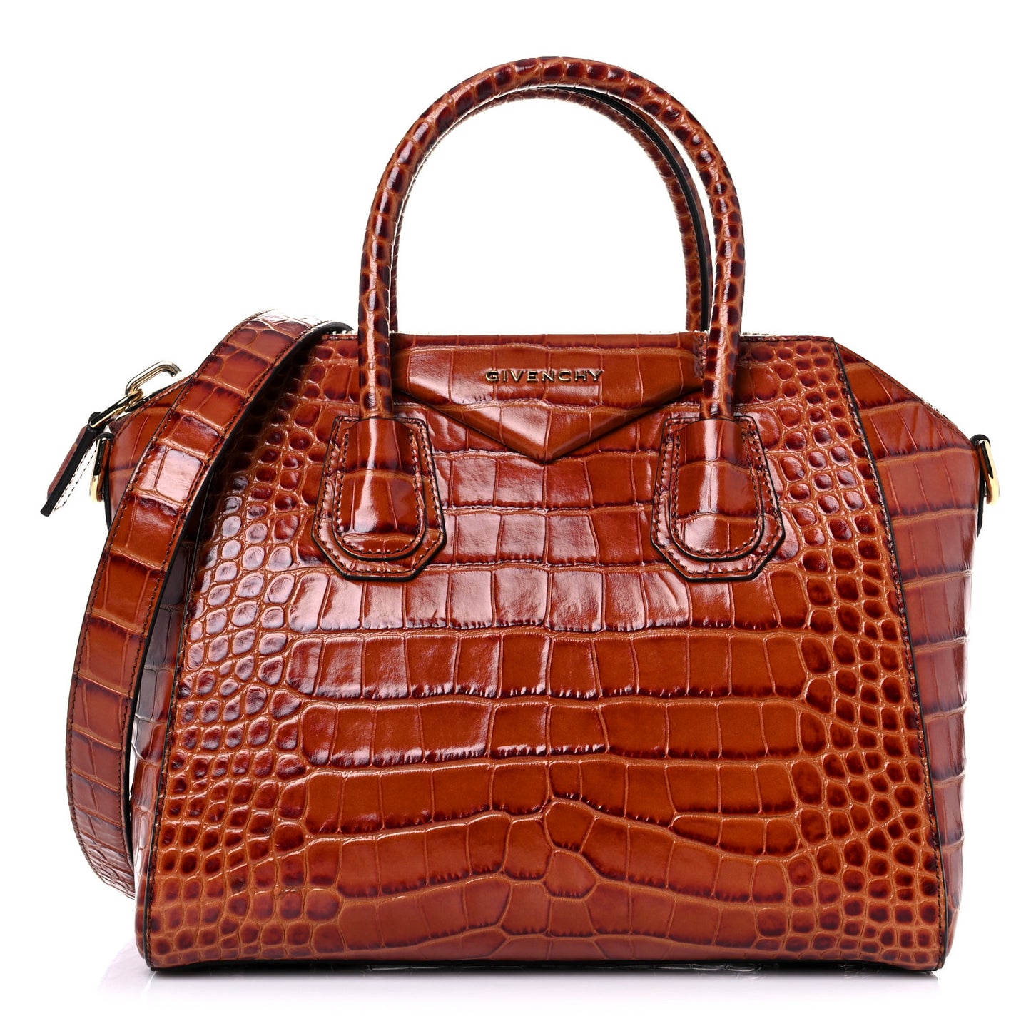 Calfskin Crocodile Embossed Small Antigona Cognac