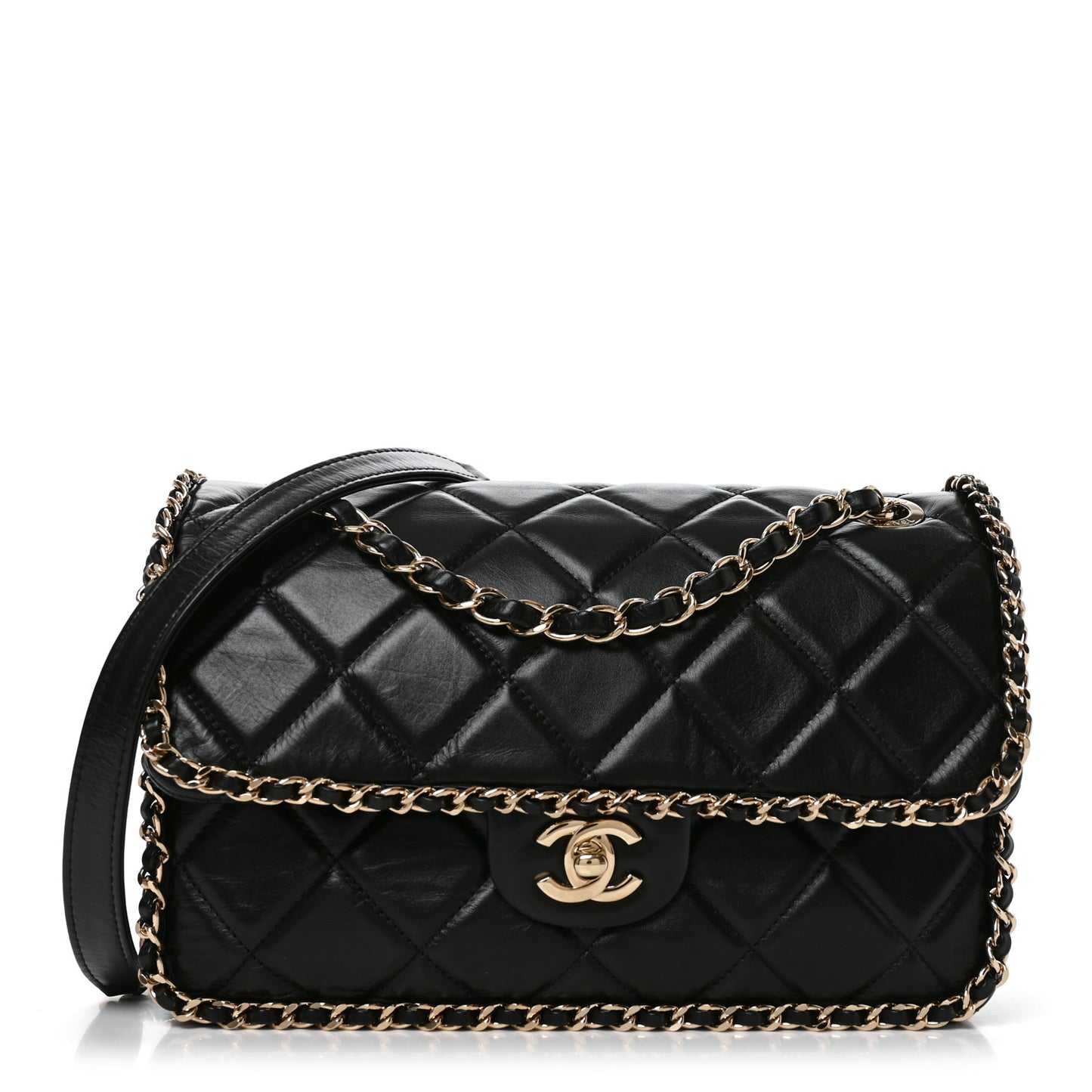 Crumpled Calfskin Medium Chain All Over Flap Black