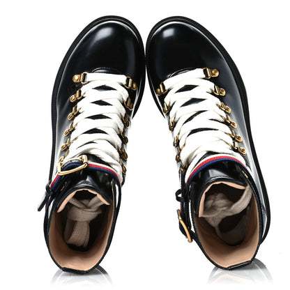 Gucci Calfskin Sylvie Web Womens Lace Up Combat Boots 39.5 Black 2 of 7