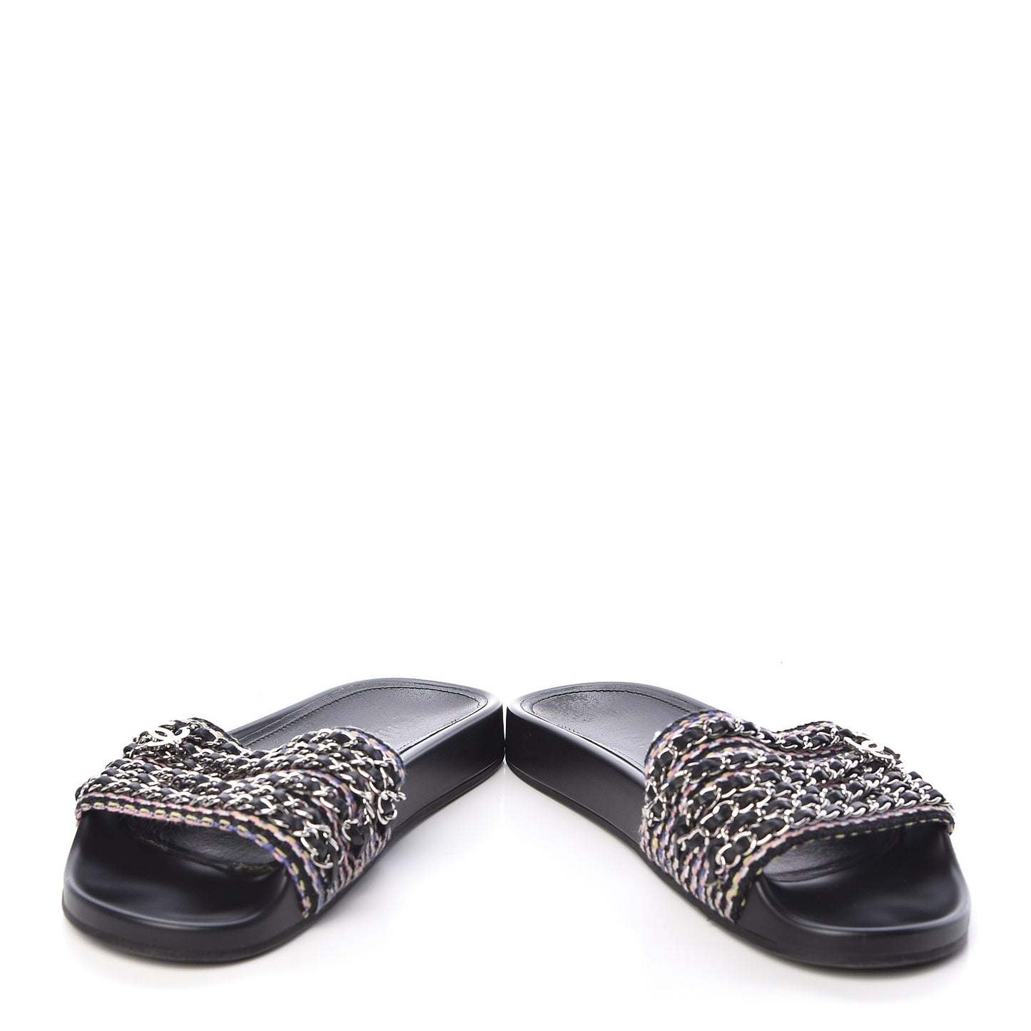 Tweed Lambskin Chain Flat Sandals 38 Black Multicolor