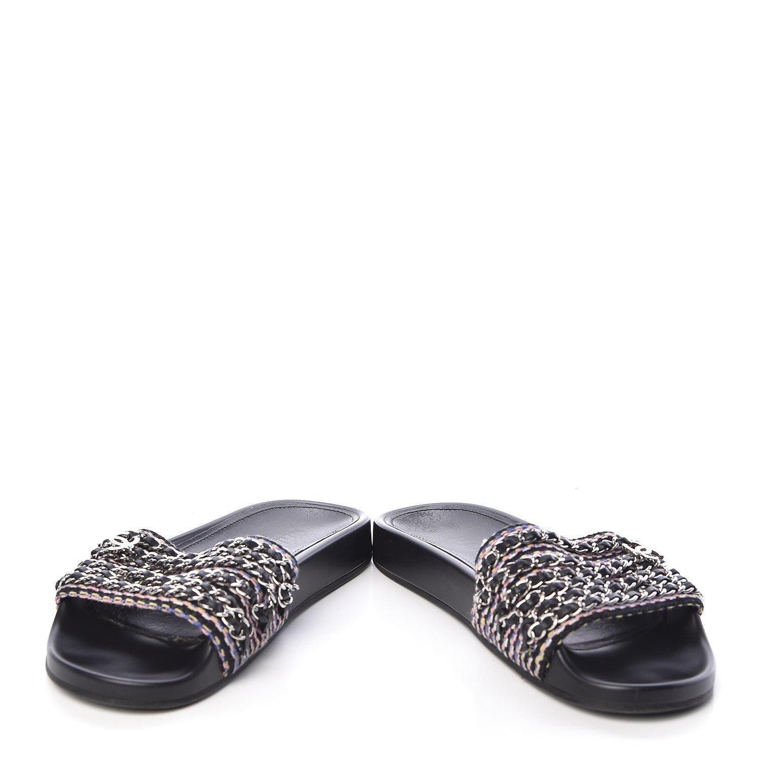 Chanel Tweed Lambskin Chain Flat Sandals 38 Black Multicolor 5 of 11