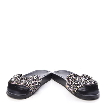 Chanel Tweed Lambskin Chain Flat Sandals 38 Black Multicolor 5 of 11