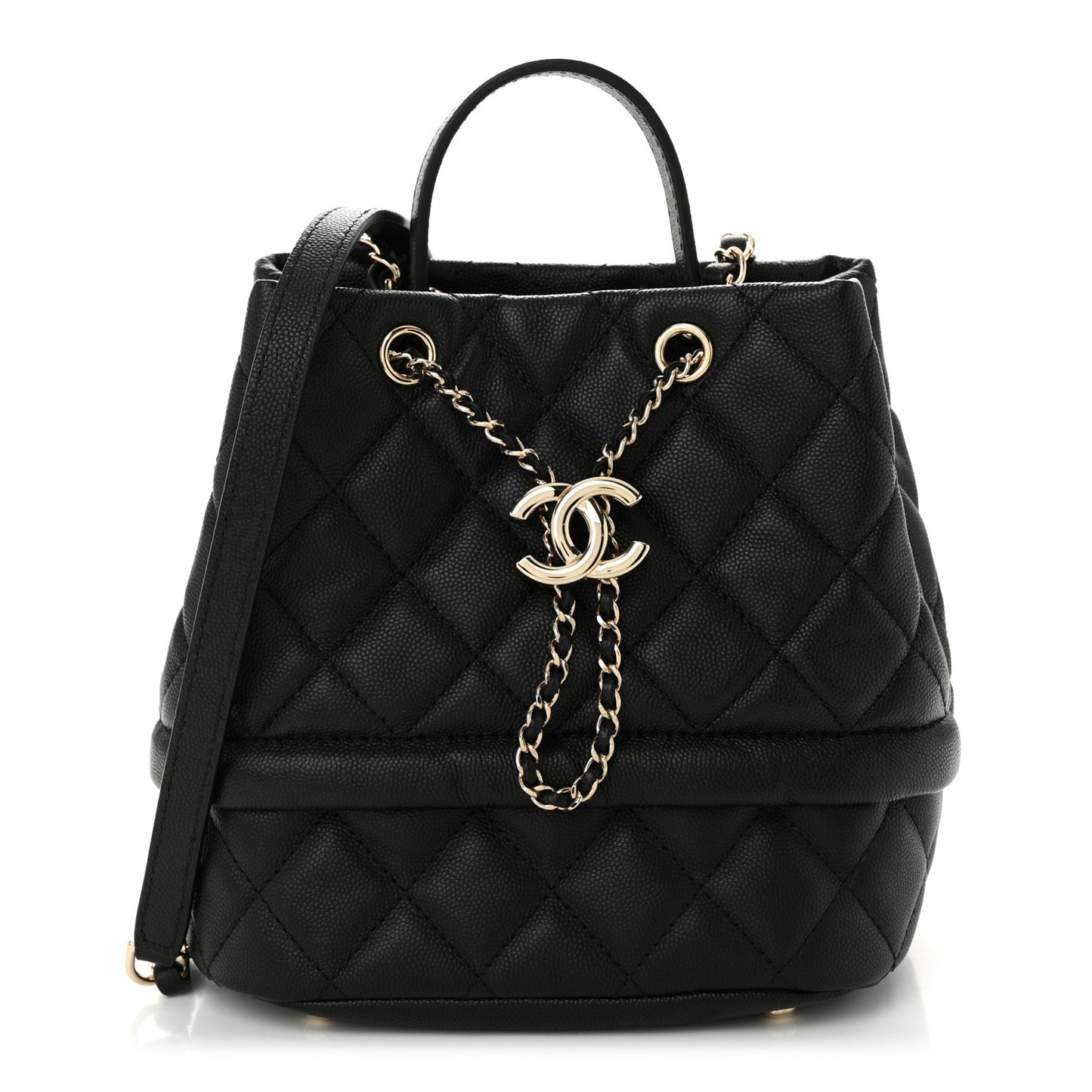 Caviar Quilted Rolled Up Bucket Drawstring Bag Black