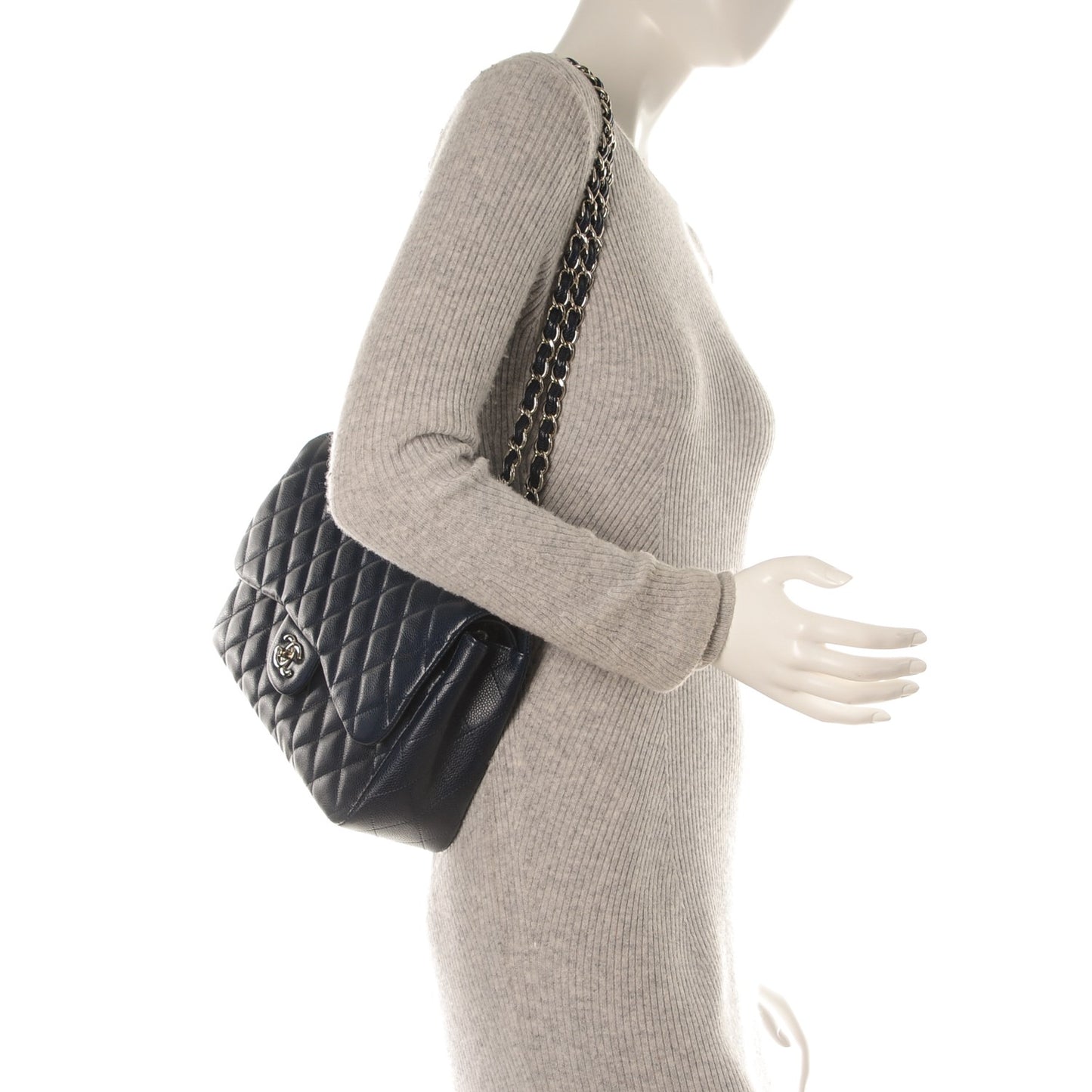 Caviar Quilted Jumbo Double Flap Navy Blue
