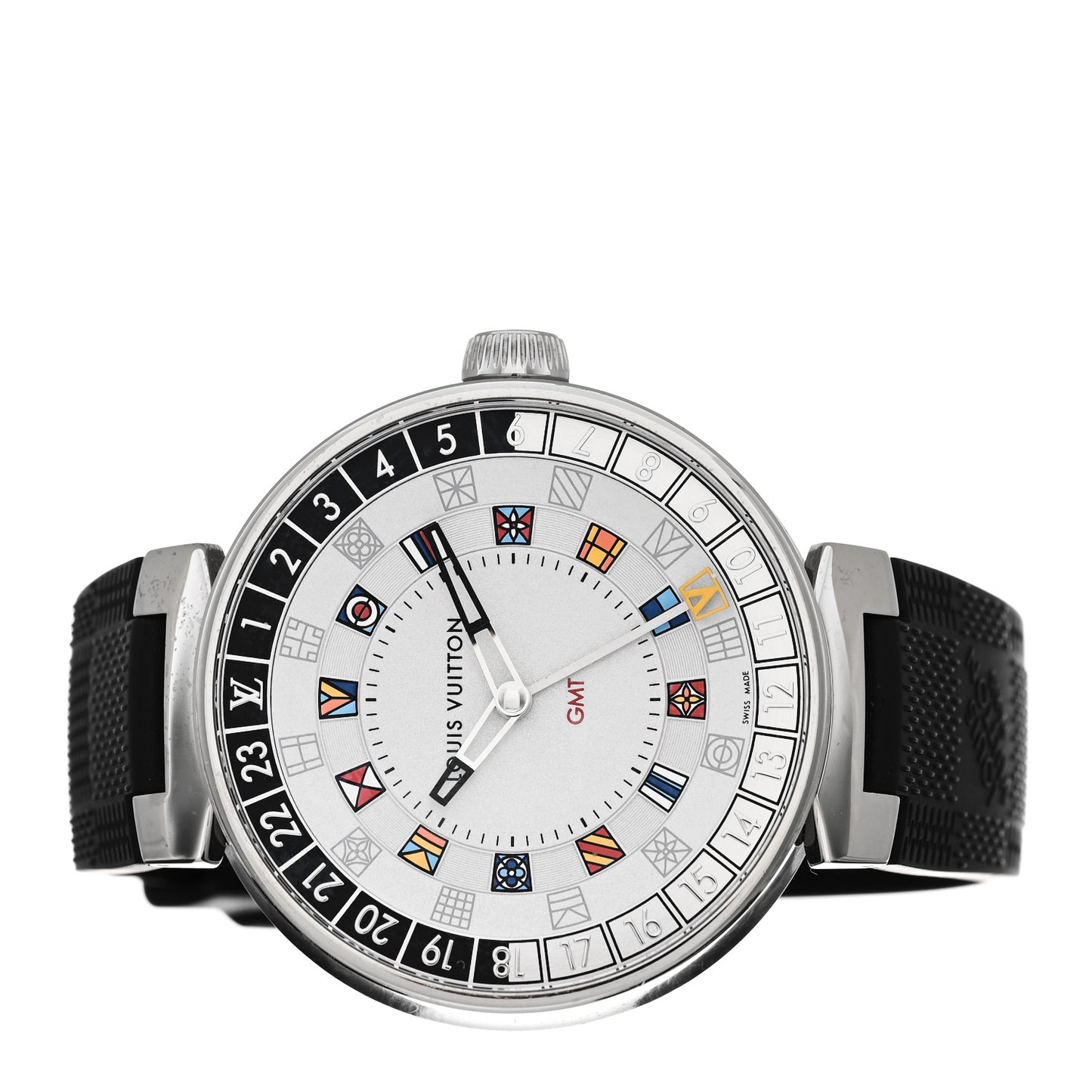 Stainless Steel Rubber 44mm Tambour Moon Dual Time GMT Quartz Watch Silver