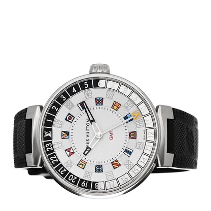 Louis Vuitton Stainless Steel Rubber 44mm Tambour Moon Dual Time GMT Quartz Watch Silver 2 of 6