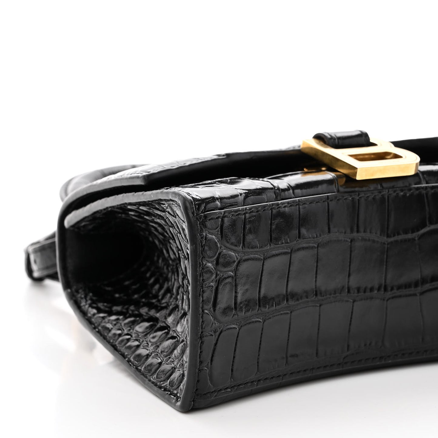 Shiny Calfskin Crocodile Embossed Hourglass Top Handle Bag XS Black