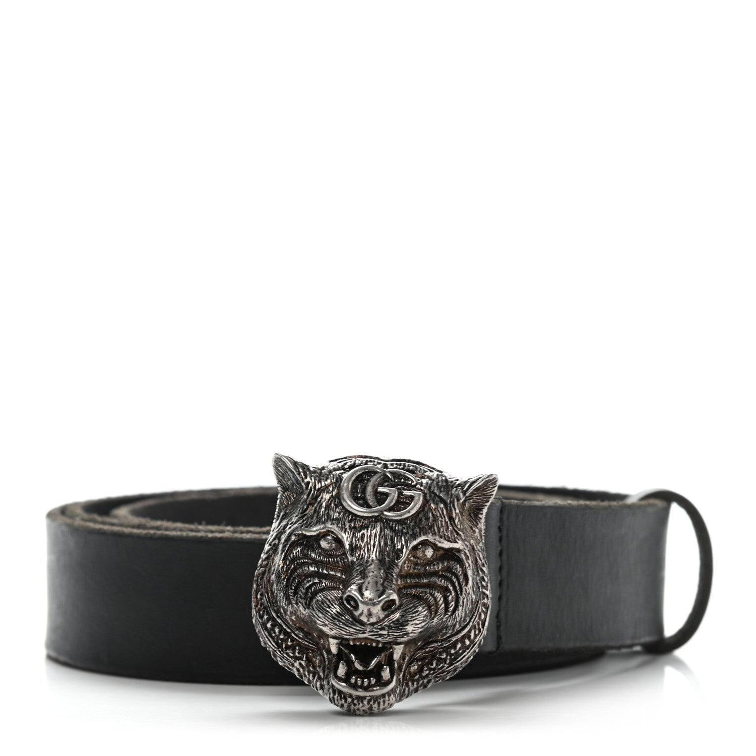 Gucci Calfskin Brass Feline Buckle Belt 100 40 Black 1 of 8