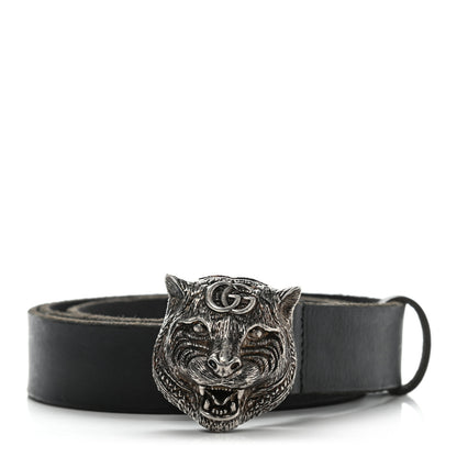 Gucci Calfskin Brass Feline Buckle Belt 100 40 Black 1 of 8