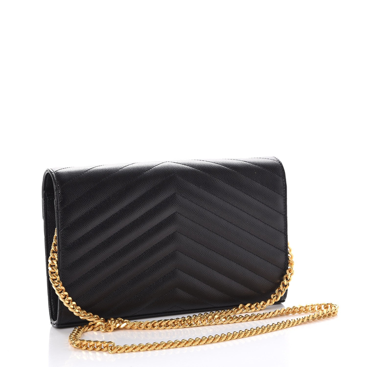 Saint Laurent Grain De Poudre Matelasse Chevron Monogram Chain Wallet Black 3 of 7
