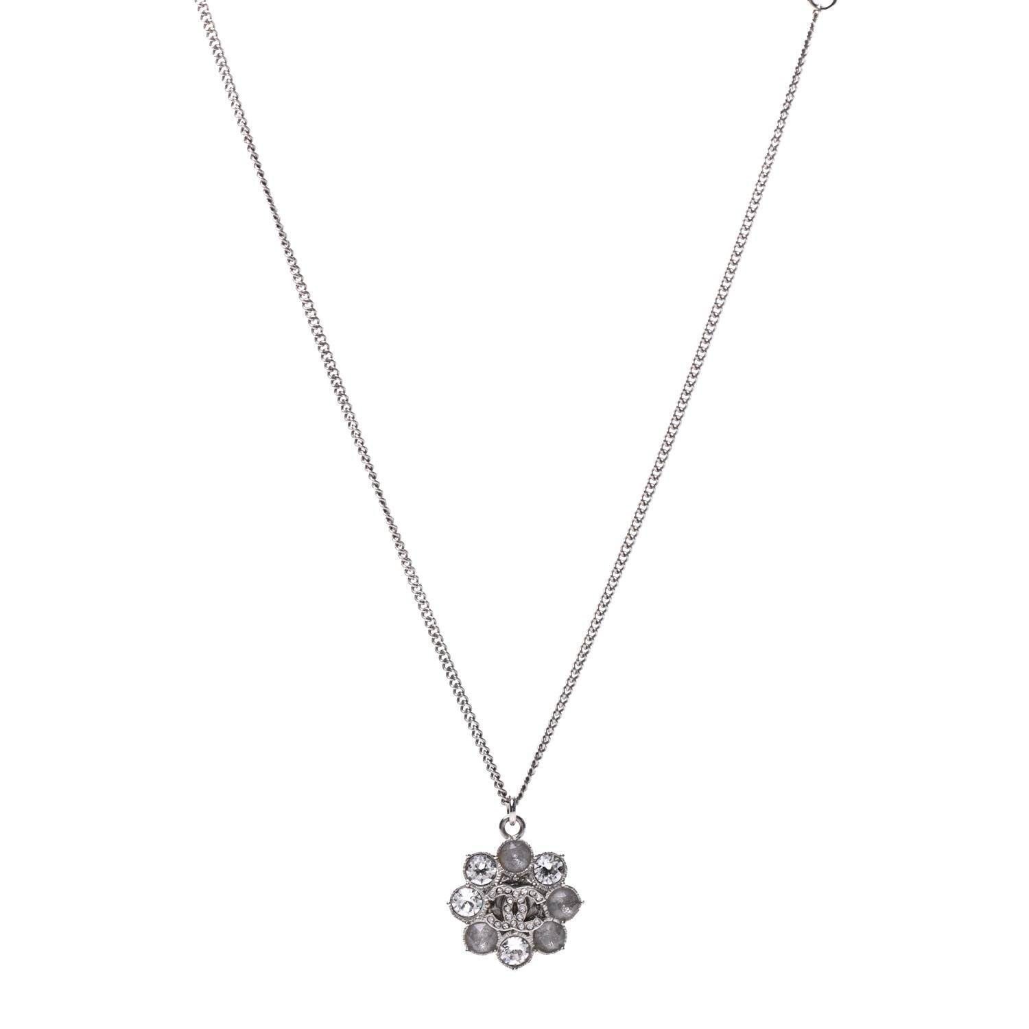 Chanel Crystal CC Flower Pendant Necklace Silver 1 of 6